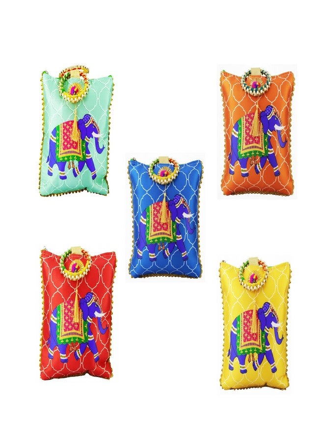 TAVASYA Traditional Potli Gift Bags with Zip & Bangle Handle - Pack of 5 - Elephant Design | Return Gift Bags for Weddings, Pooja, Baby Shower, Housewarming, Festivals & Functions - Image 1